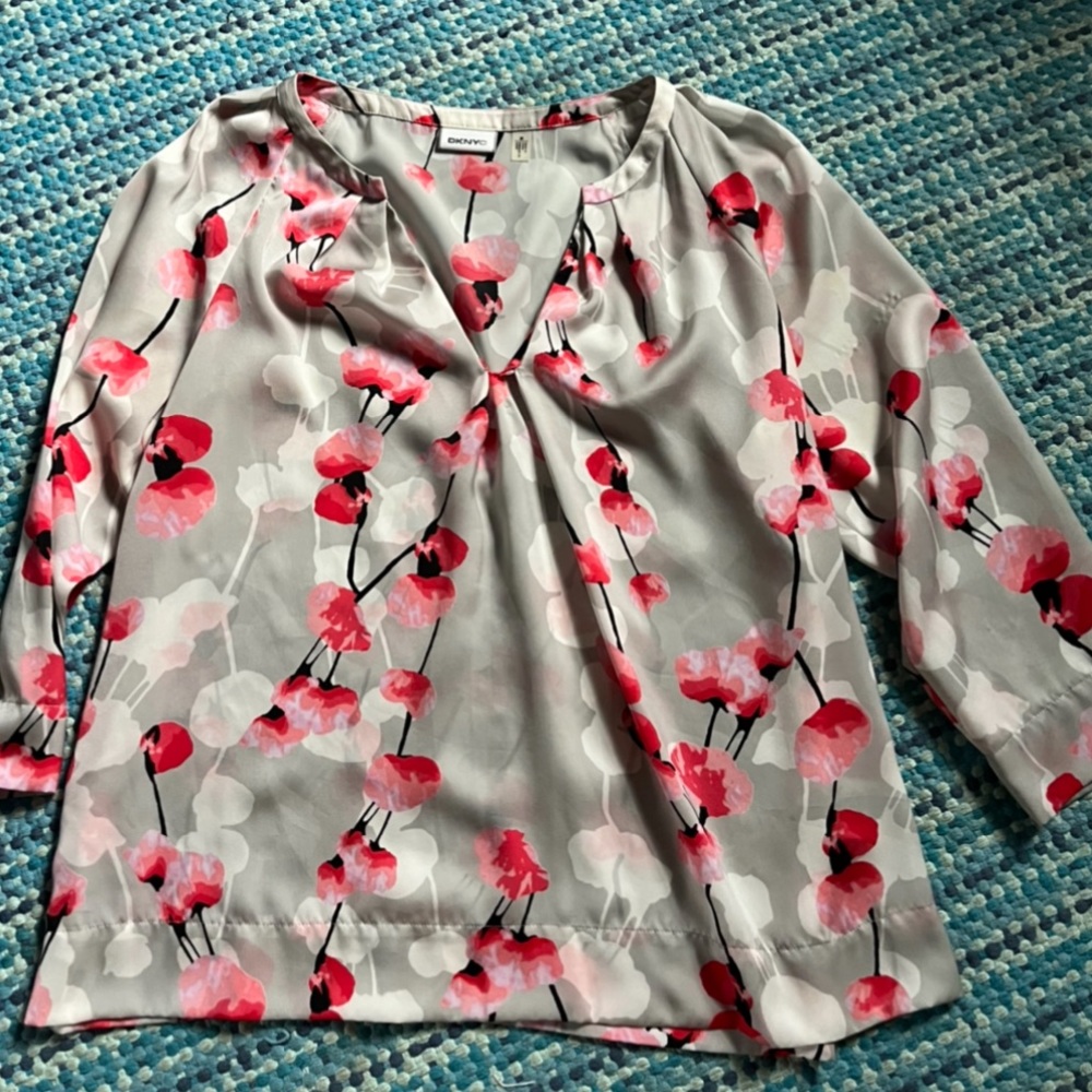 DKNYC Silk Floral Pink Gray Blouse - M